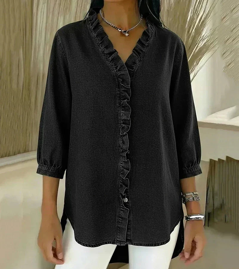 Ruffle Placket Stand Collar 3/4 Sleeve Denim Blouse 7