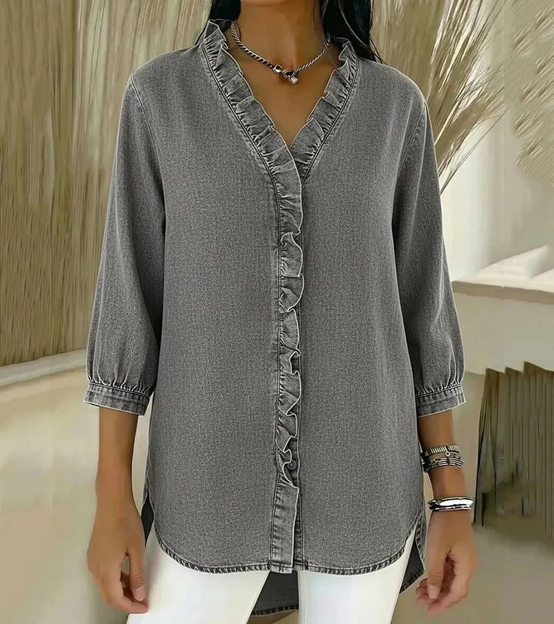 Ruffle Placket Stand Collar 3/4 Sleeve Denim Blouse 9