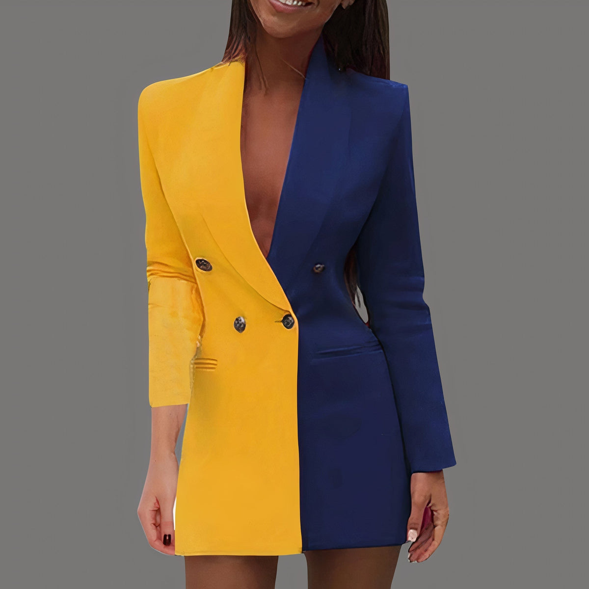 Two Tone Split Double Breasted Notched Lapel Blazer Mini Dress - View 2