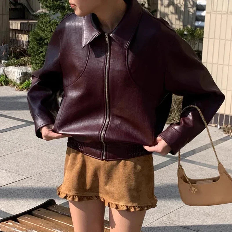 Chic Red Zipper Pu Leather Coat Wine Red / One Size Coats-241208
