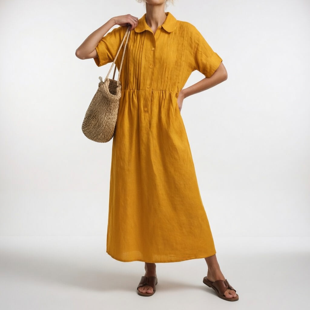 Collared Button Front Pintuck Tiered Maxi Shirt Dress 6