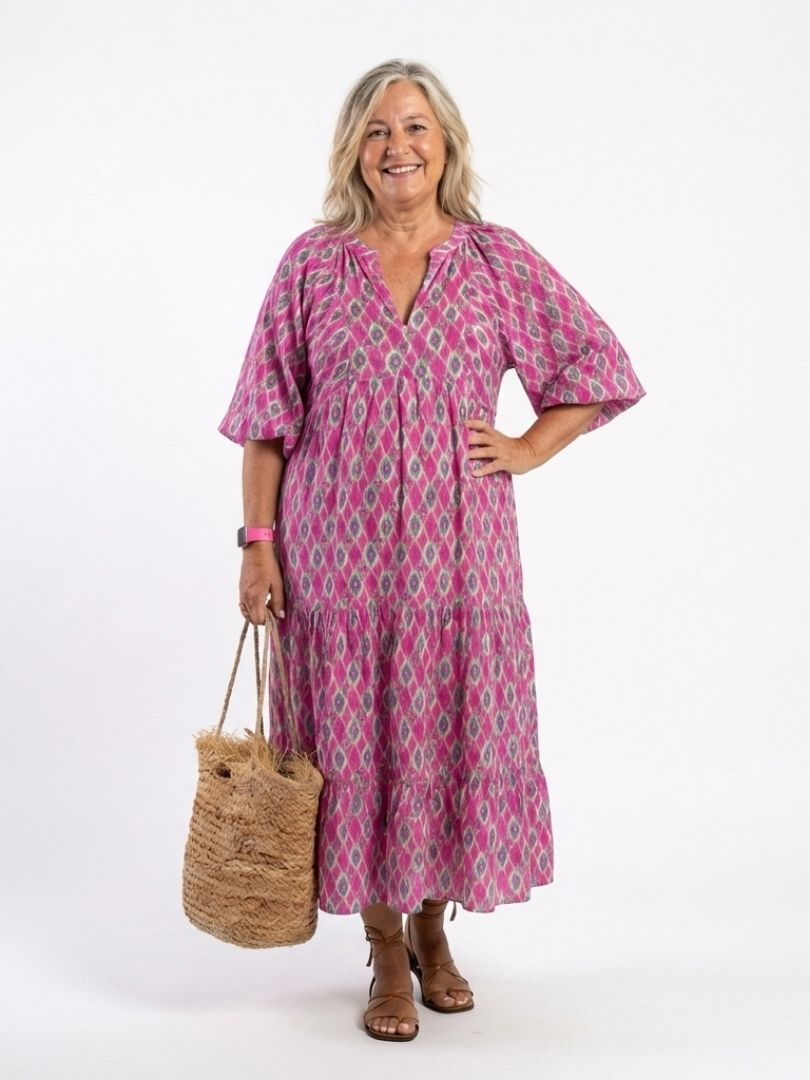 Geometric Print V-Neck Puff Sleeve Tiered Maxi Dress 6