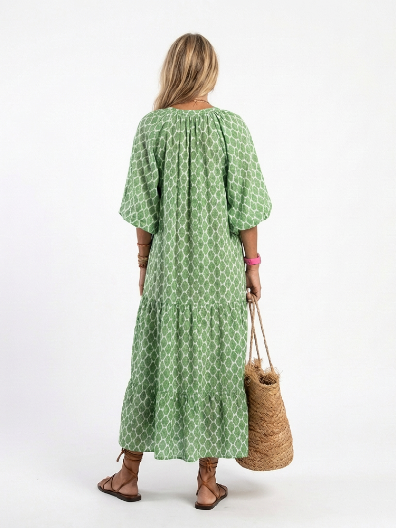 Geometric Print V-Neck Puff Sleeve Tiered Maxi Dress 4