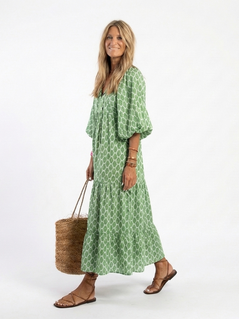 Geometric Print V-Neck Puff Sleeve Tiered Maxi Dress 2