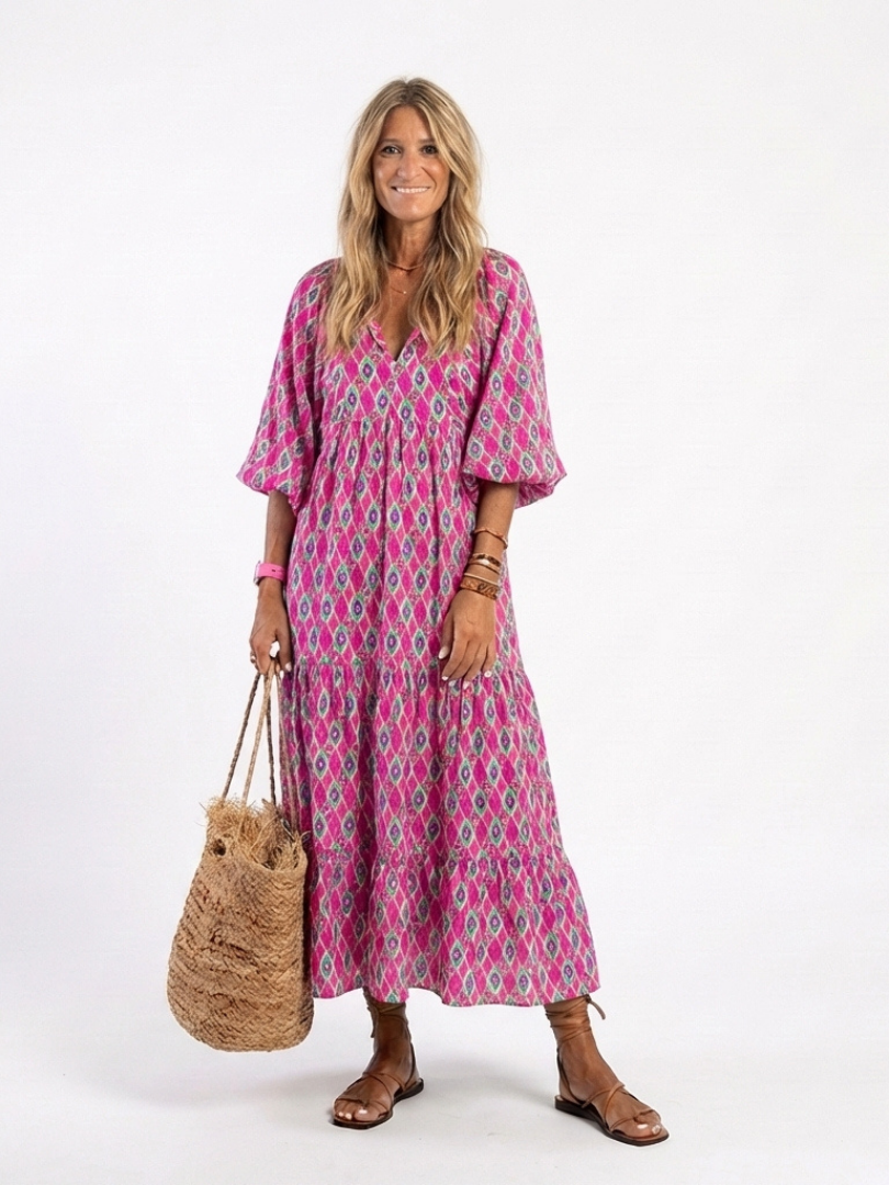 Geometric Print V-Neck Puff Sleeve Tiered Maxi Dress 5