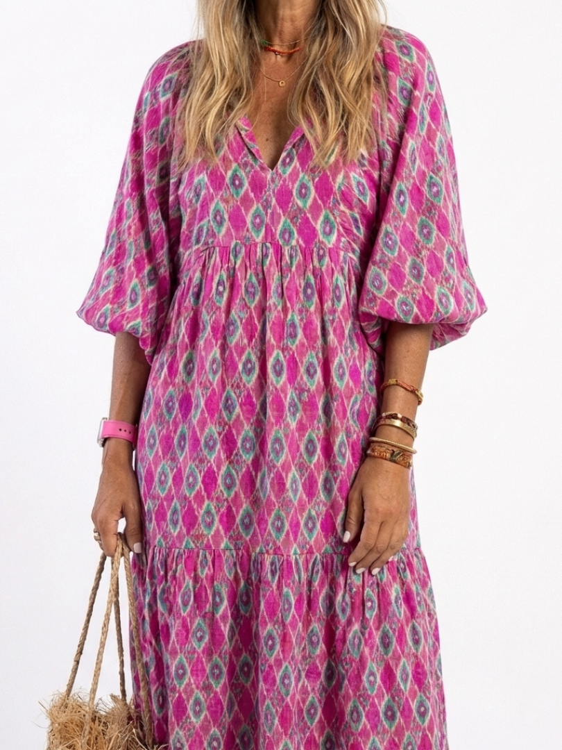 Geometric Print V-Neck Puff Sleeve Tiered Maxi Dress 7