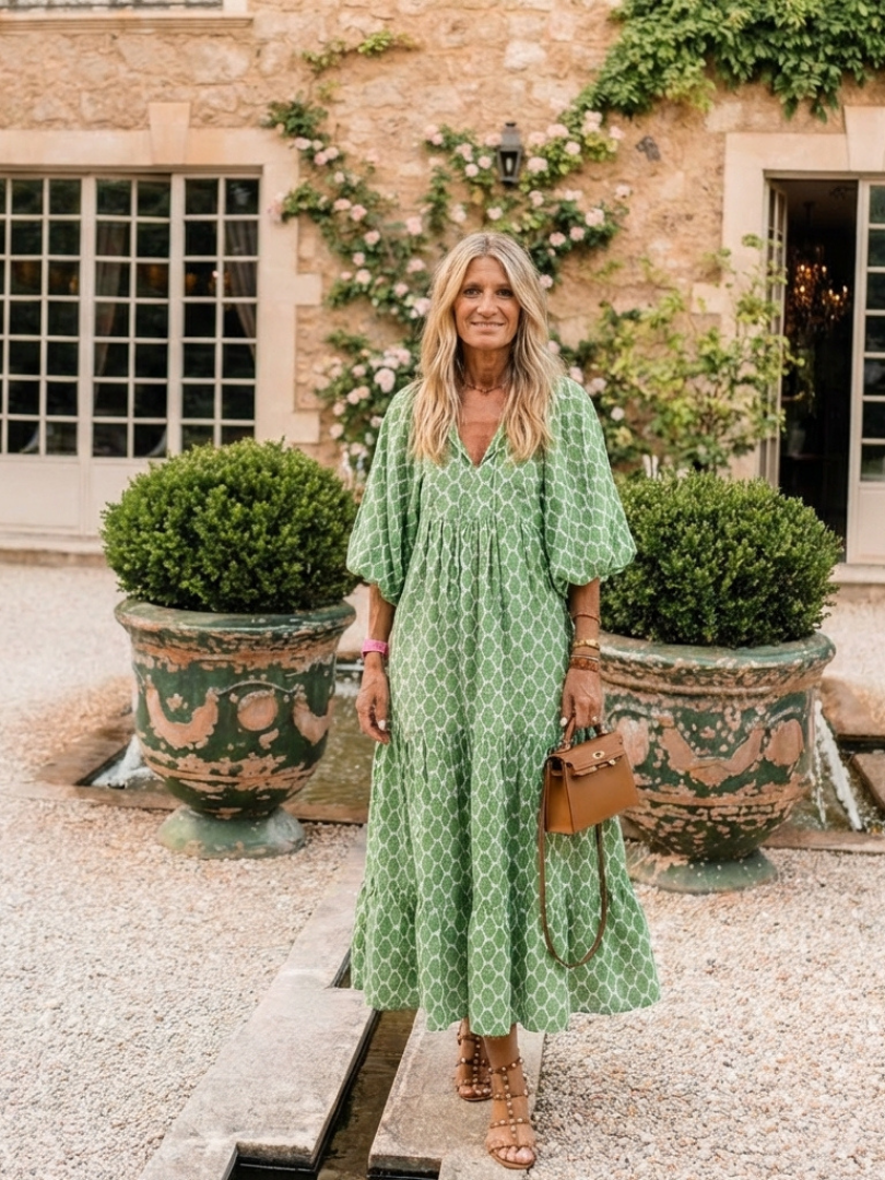 Geometric Print V-Neck Puff Sleeve Tiered Maxi Dress 9