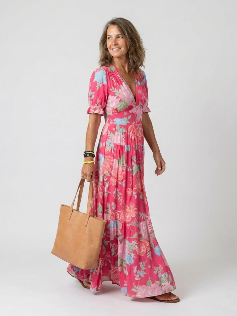 Floral Deep V-Neck Short Sleeve Tiered Maxi Dress 2