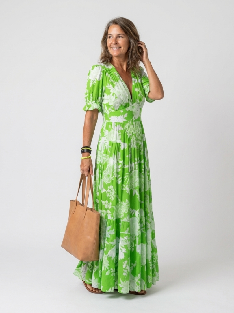 Floral Deep V-Neck Short Sleeve Tiered Maxi Dress 5