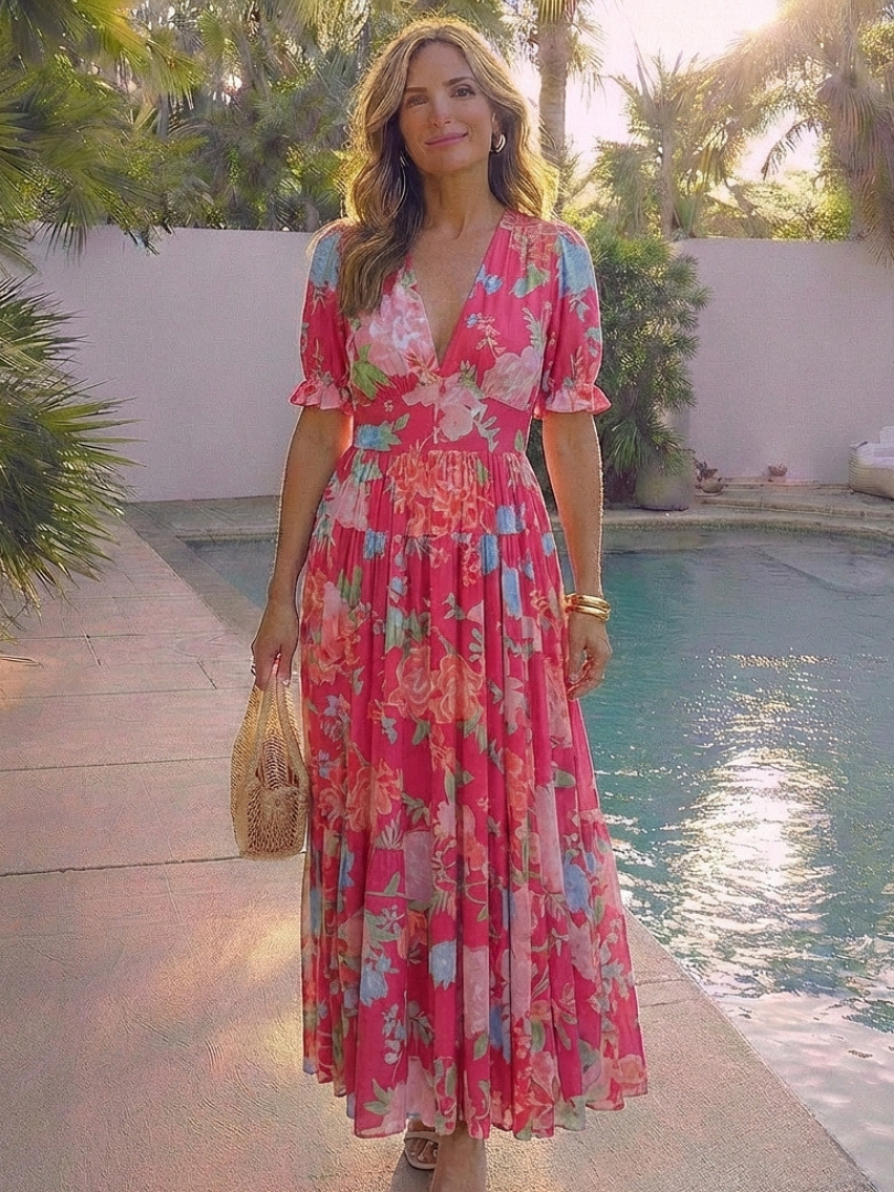 Floral Deep V-Neck Short Sleeve Tiered Maxi Dress 7