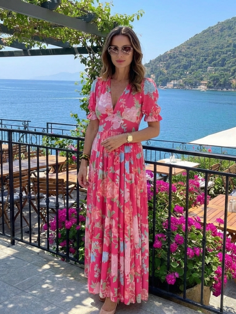 Floral Deep V-Neck Short Sleeve Tiered Maxi Dress 6