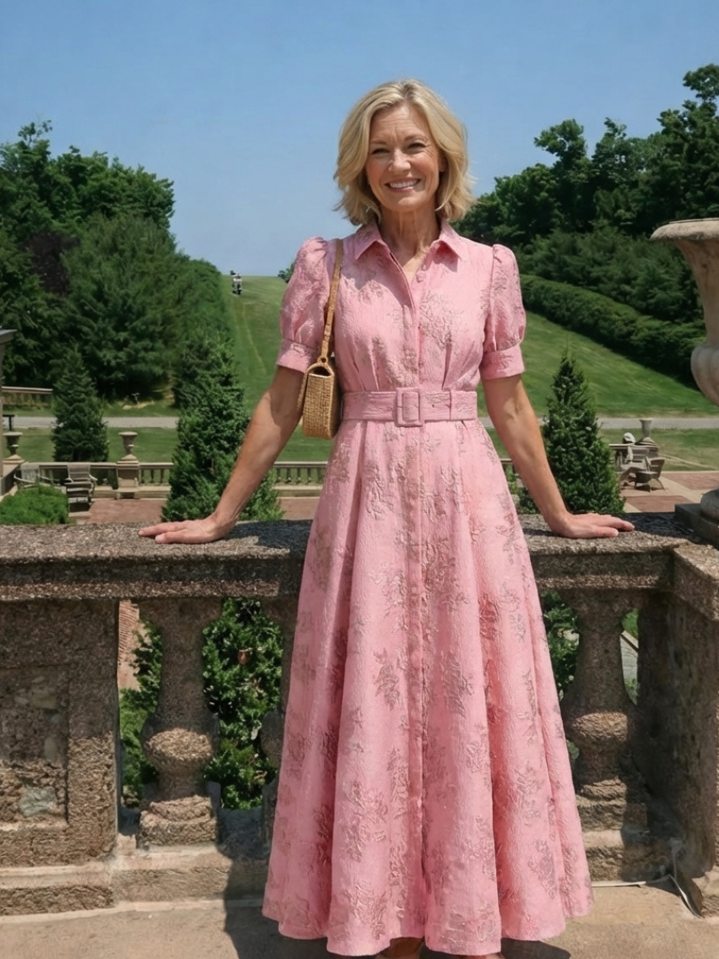 Floral Textured Collared Short Puff Sleeve Belted Maxi Shirt Dress 6