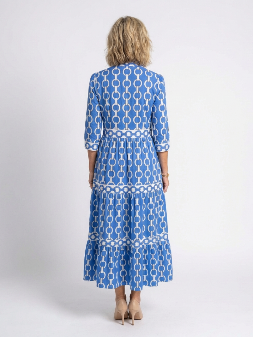 Chain Print Band Collar 3/4 Sleeve Tiered Maxi Dress 3