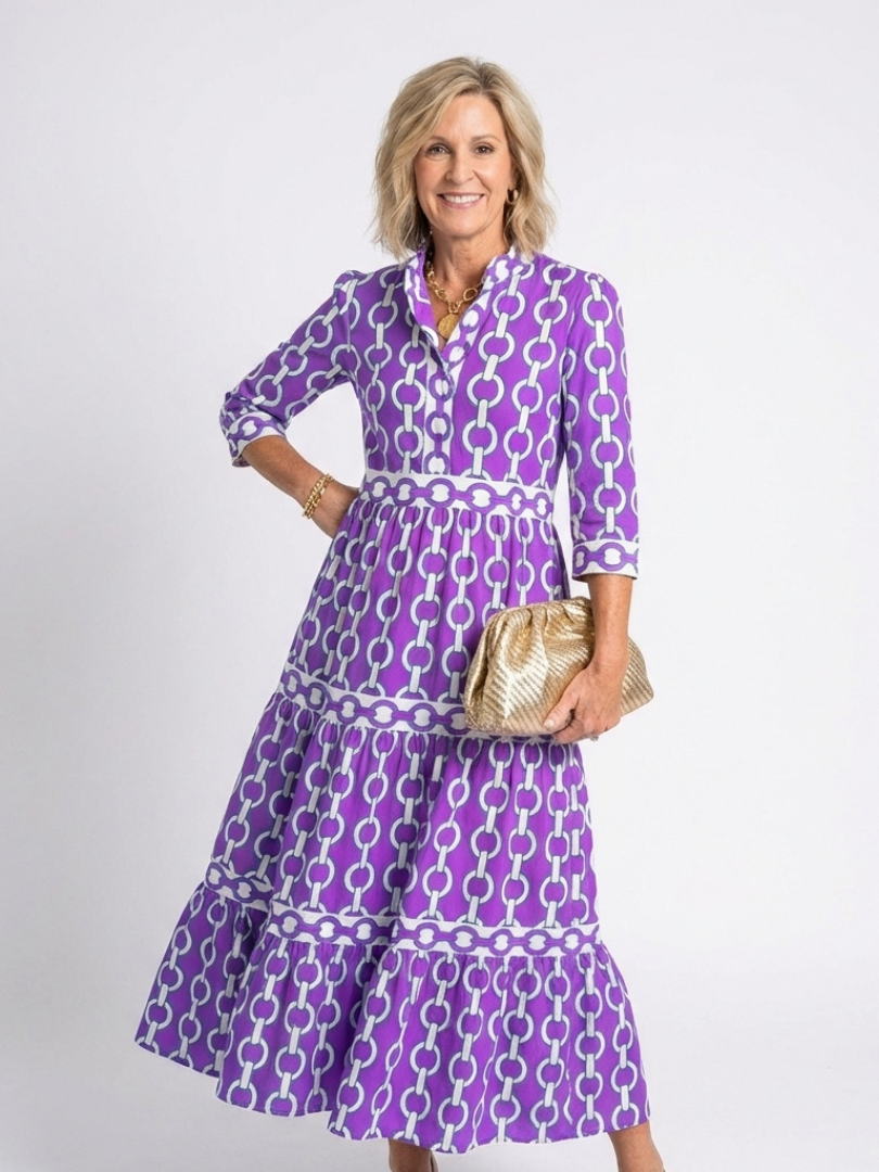 Chain Print Band Collar 3/4 Sleeve Tiered Maxi Dress 5