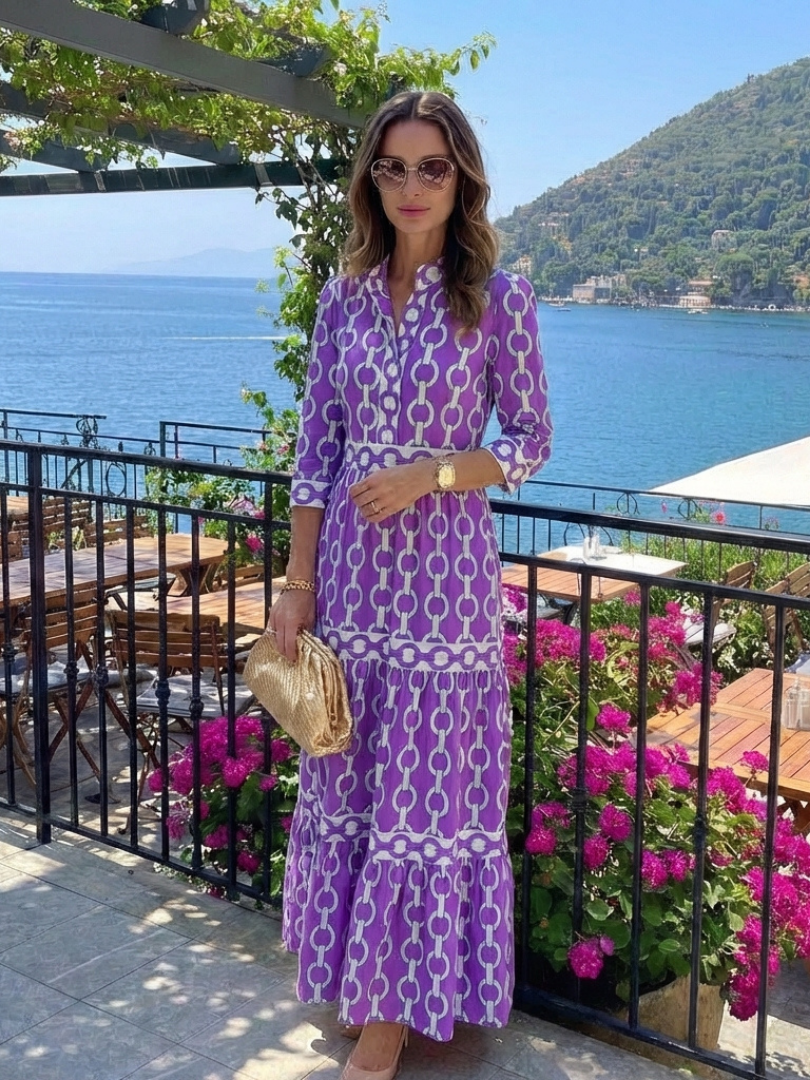 Chain Print Band Collar 3/4 Sleeve Tiered Maxi Dress 11
