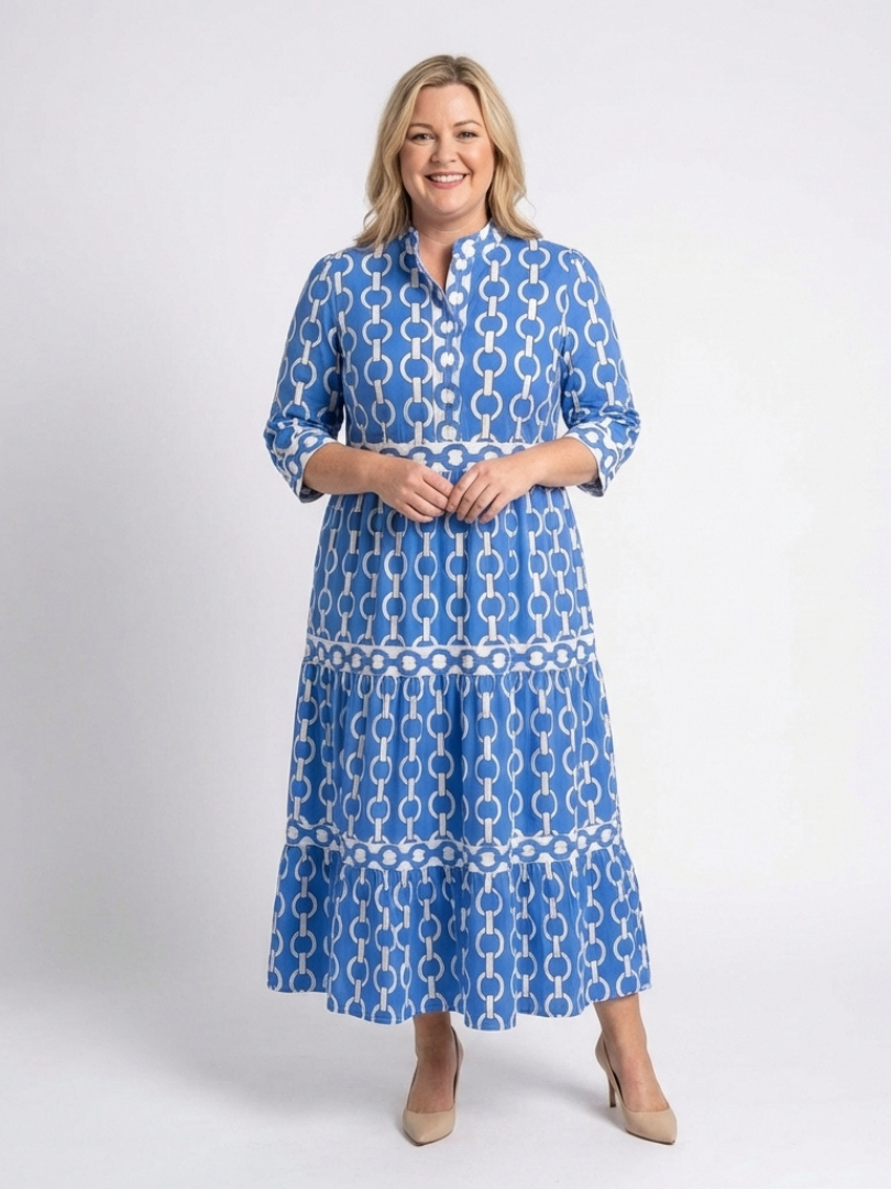 Chain Print Band Collar 3/4 Sleeve Tiered Maxi Dress 4
