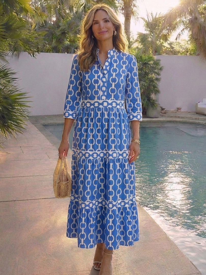 Chain Print Band Collar 3/4 Sleeve Tiered Maxi Dress 10