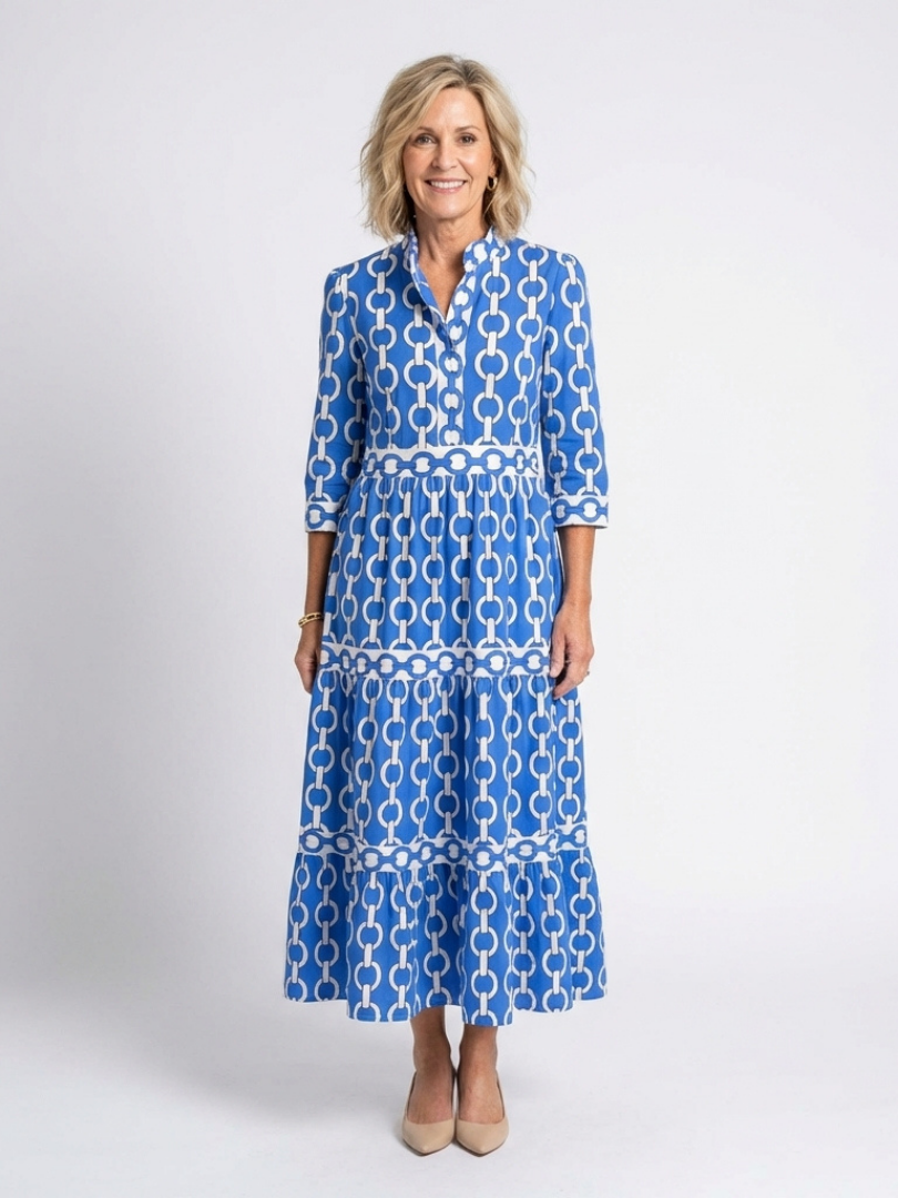 Chain Print Band Collar 3/4 Sleeve Tiered Maxi Dress