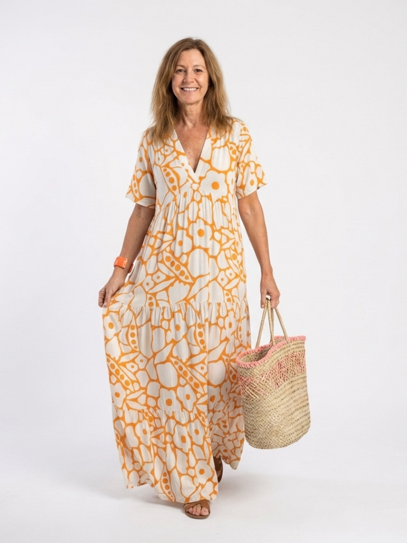 Floral Print V-Neck Short Sleeve Tiered Maxi Dress 4
