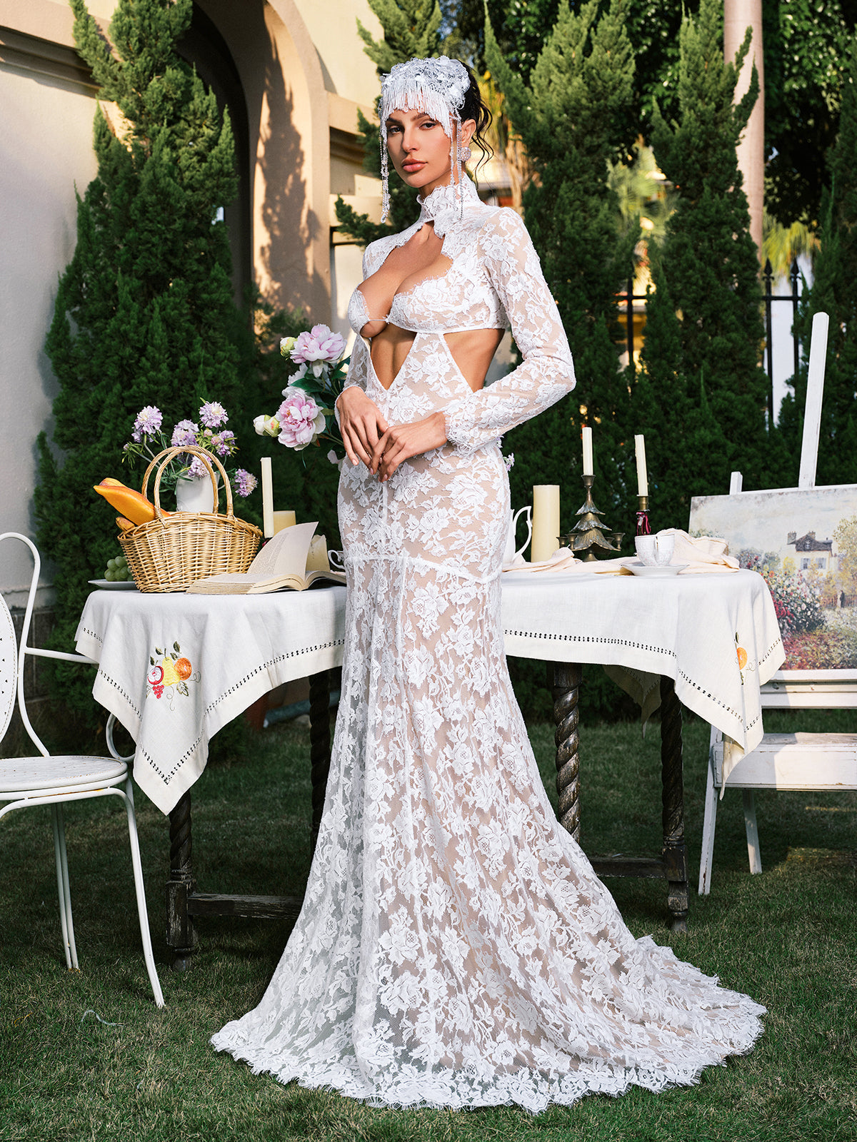 Floral Lace Long Sleeve Cut Out Mermaid Maxi Gown - View 4