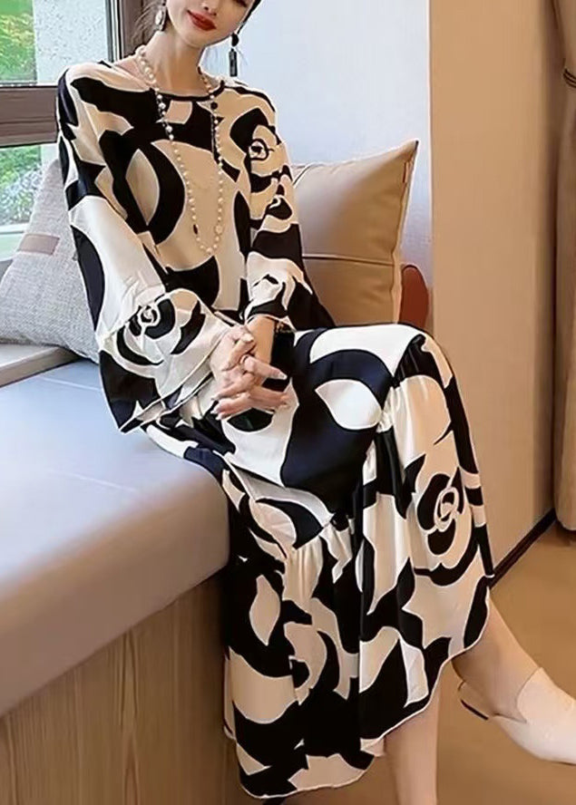 Floral Print Long Sleeve Tiered Satin Maxi Dress