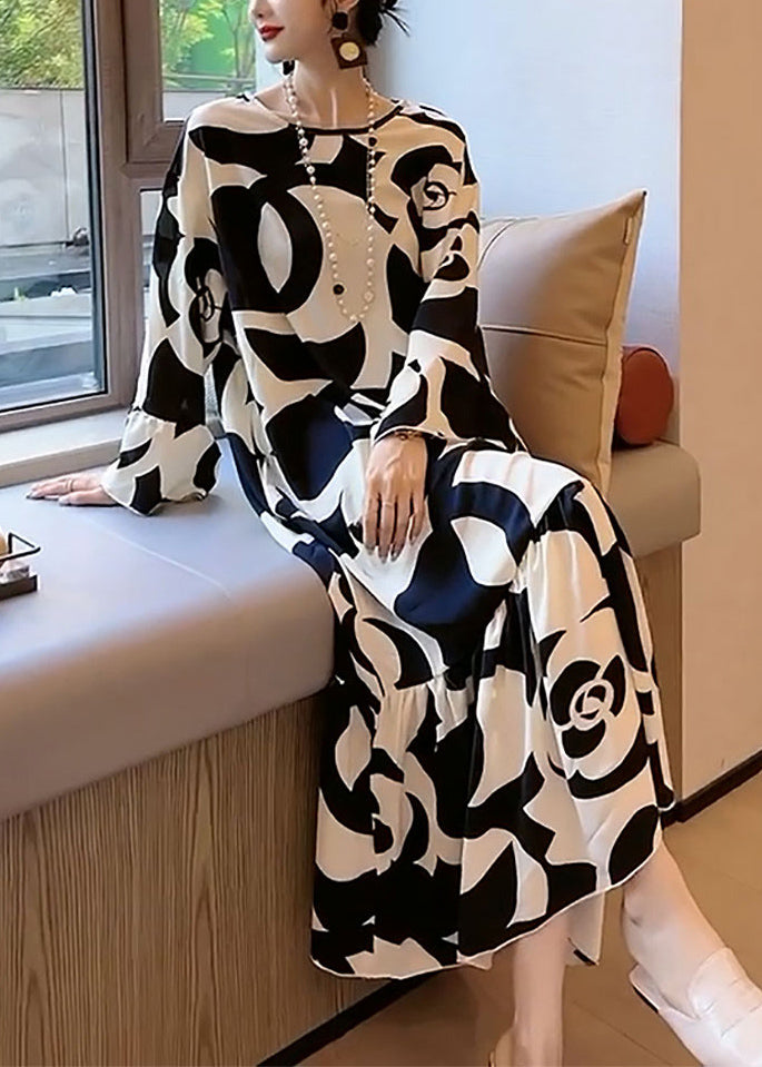 Floral Print Long Sleeve Tiered Satin Maxi Dress - View 2