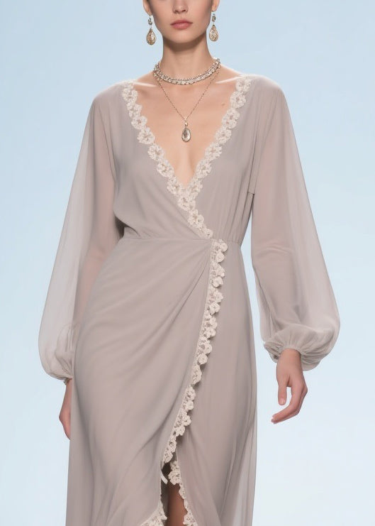 Elegant Apricot Lace Low High Design Chiffon Maxi Dresses - View 2