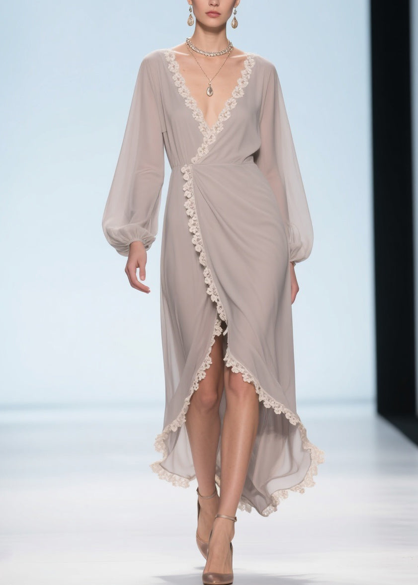 Elegant Apricot Lace Low High Design Chiffon Maxi Dresses - View 3