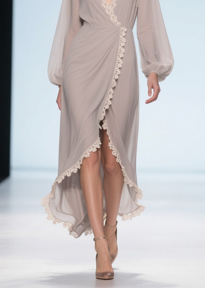 Elegant Apricot Lace Low High Design Chiffon Maxi Dresses - View 4