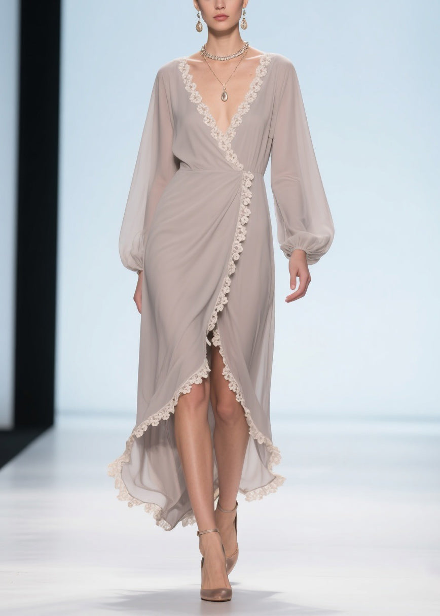 Elegant Apricot Lace Low High Design Chiffon Maxi Dresses - View 5