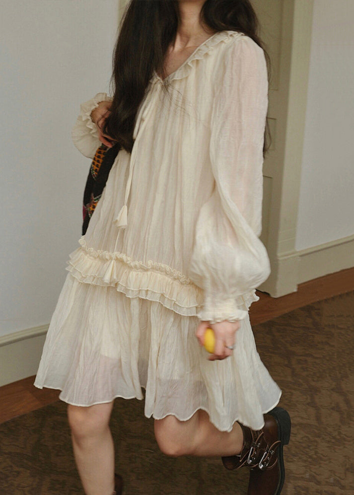Elegant Apricot Lace Up Ruffled Silk Mini Dresses Fall