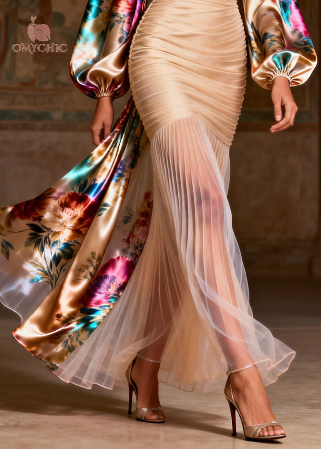 Deep V-Neck Ruched Floral Bishop Sleeve Pleated Train Maxi Gown - View 4