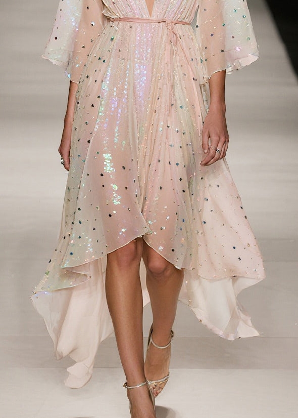 Sequin Deep V-Neck Kimono Sleeve Tie Waist High Low Midi Dress - View 4