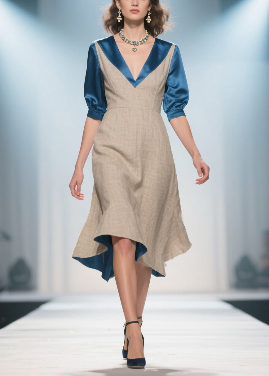 Faux Two-Piece Deep V-Neck Pointed Collar A-Line Midi Dress - View 3