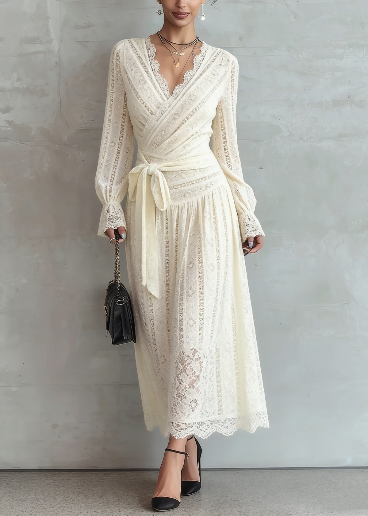 Lace Deep V-Neck Wrap Tie Waist Long Sleeve A-Line Maxi Dress