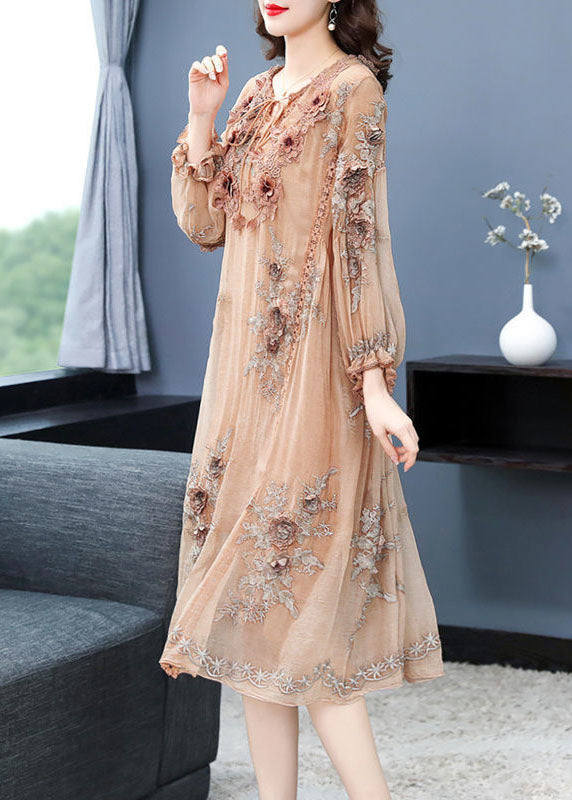 Embroidered Floral Applique Long Sleeve A-Line Midi Dress - View 3