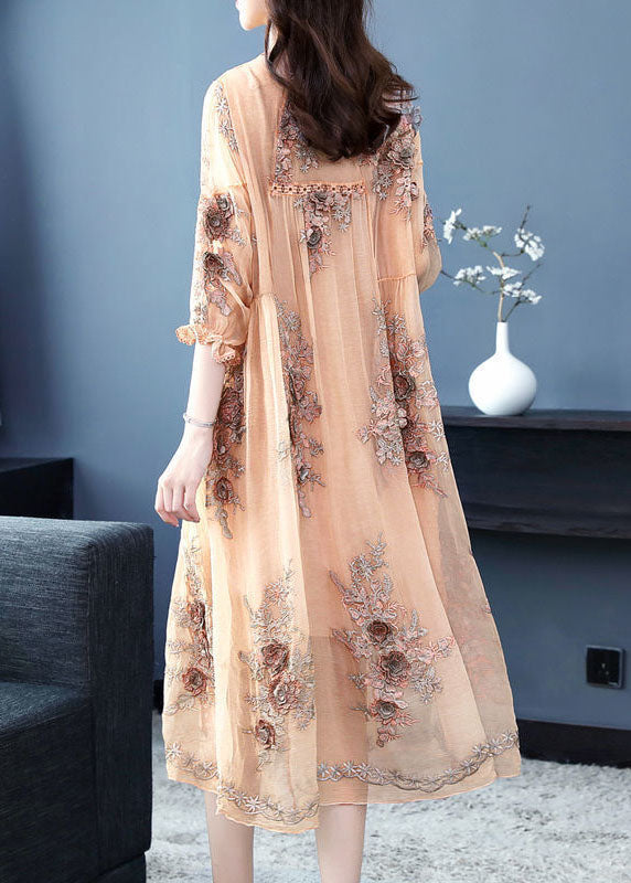 Embroidered Floral Applique Long Sleeve A-Line Midi Dress - View 5