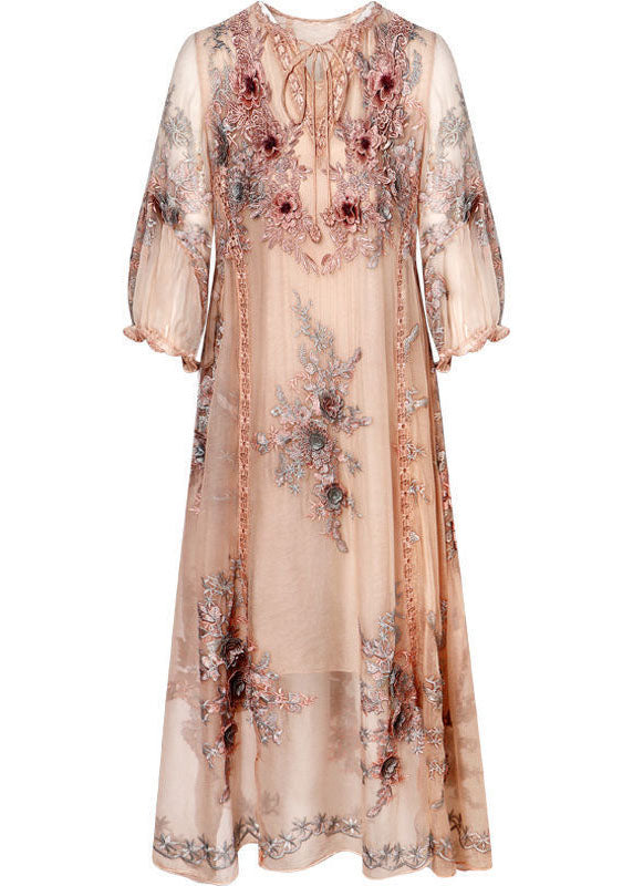 Embroidered Floral Applique Long Sleeve A-Line Midi Dress - View 6