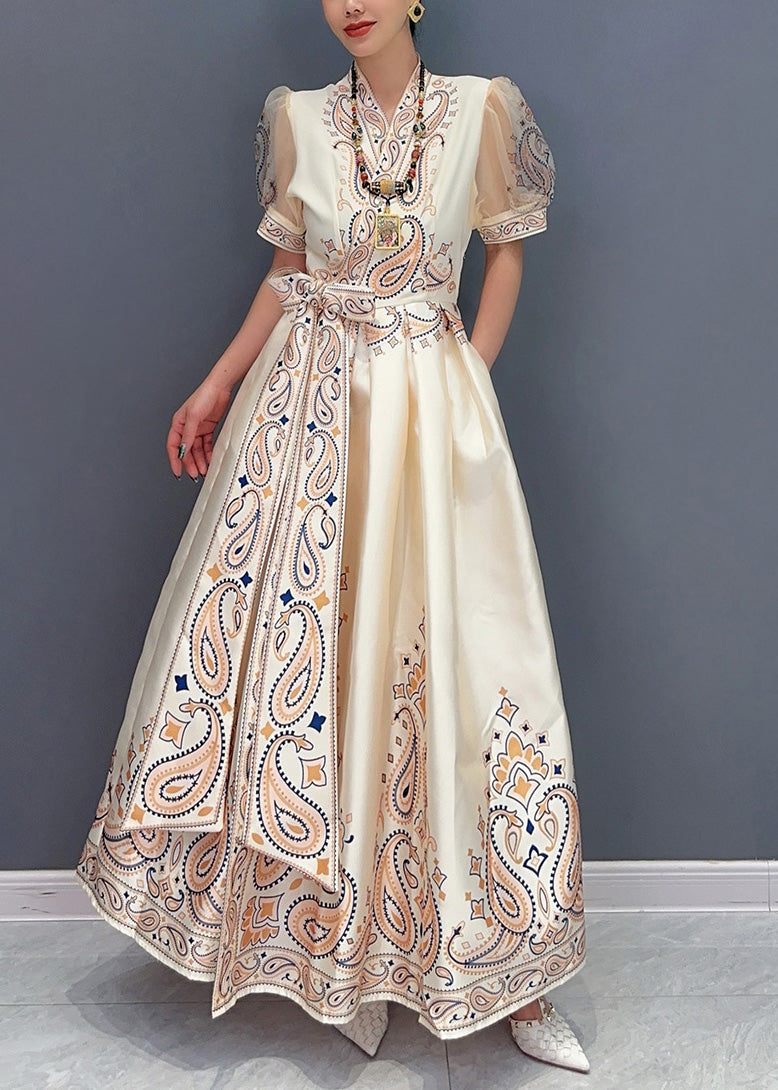 Paisley Print Satin Stand Collar V-Neck A-Line Maxi Gown
