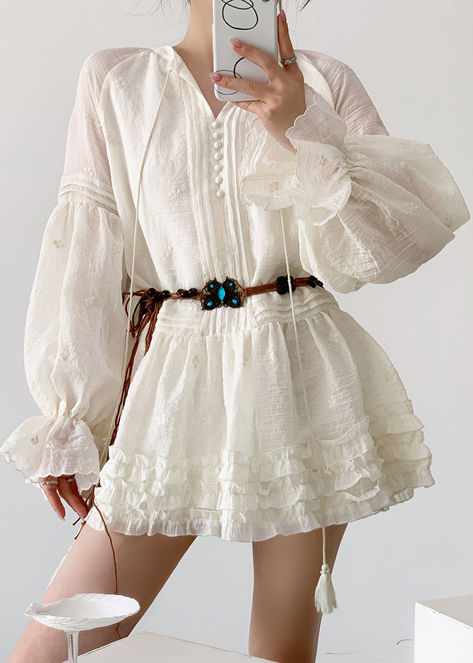 Elegant Beige Ruffled Lace Up Cotton Mini Dress Fall