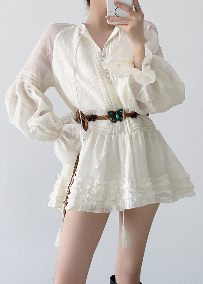 Elegant Beige Ruffled Lace Up Cotton Mini Dress Fall - View 2
