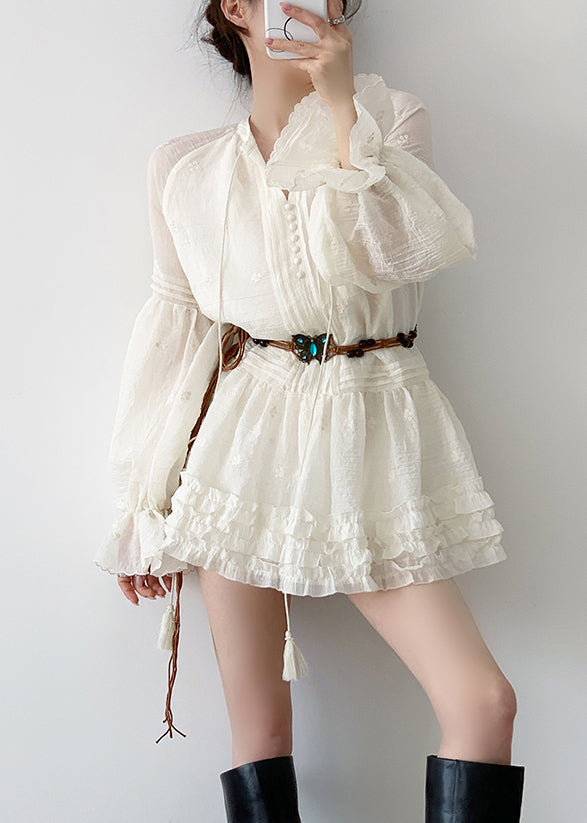 Elegant Beige Ruffled Lace Up Cotton Mini Dress Fall - View 3