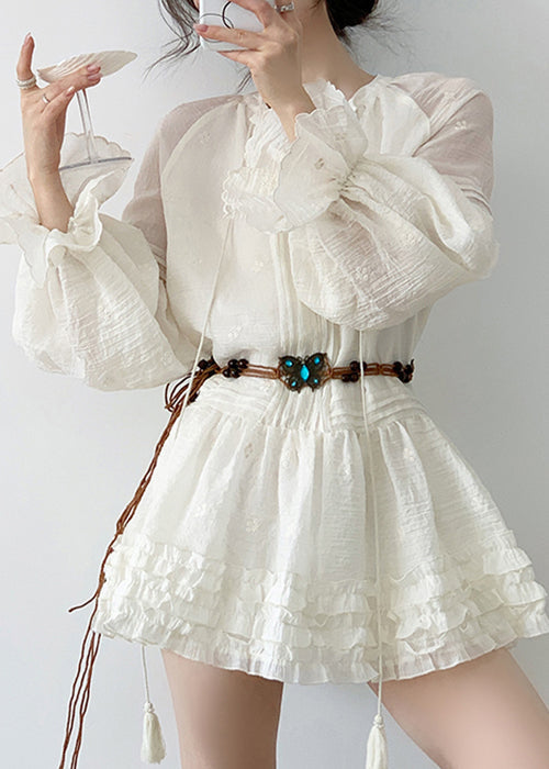 Elegant Beige Ruffled Lace Up Cotton Mini Dress Fall - View 4