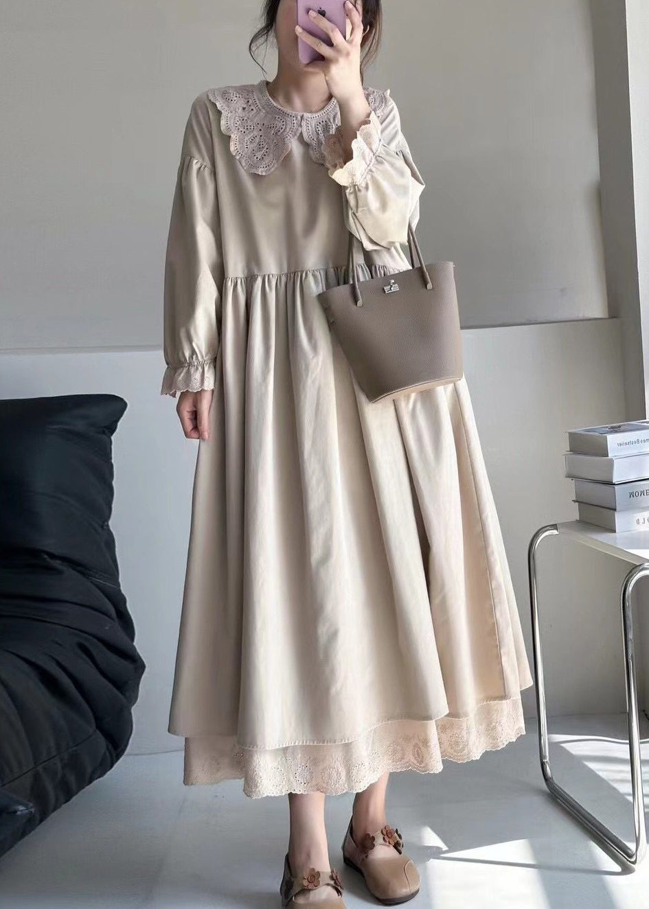 Lace Trim Collar Ruffle Cuff Puff Sleeve Smock Midi Dress - View 2