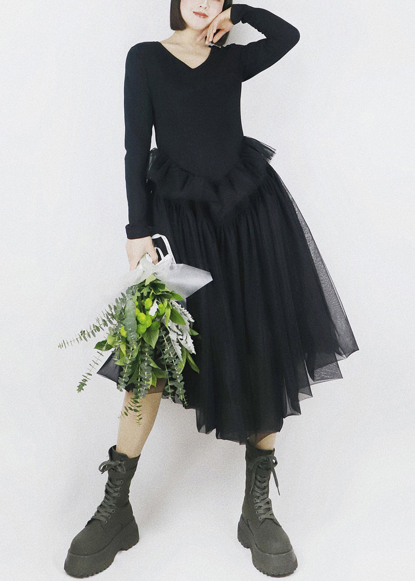 V-Neck Long Sleeve Knit Tulle Handkerchief Hem Midi Dress - View 2