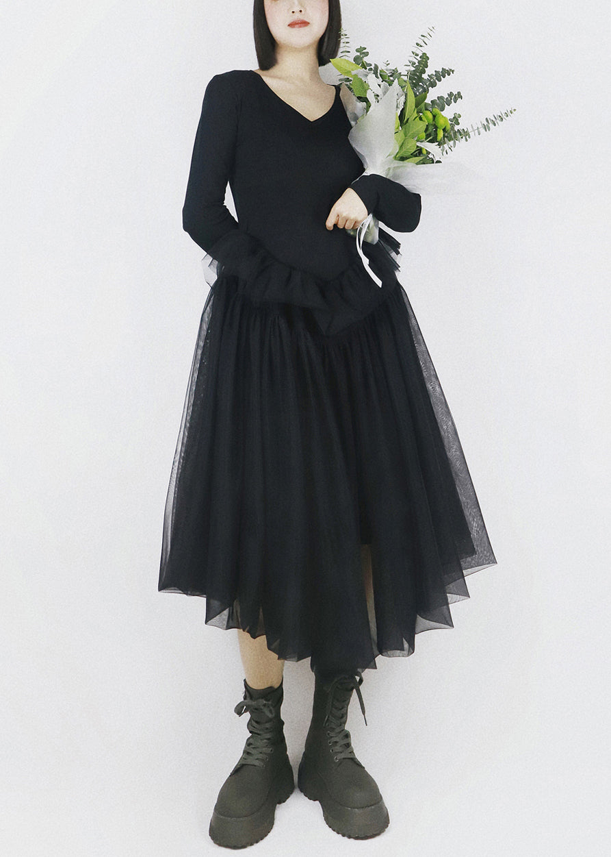 V-Neck Long Sleeve Knit Tulle Handkerchief Hem Midi Dress - View 3