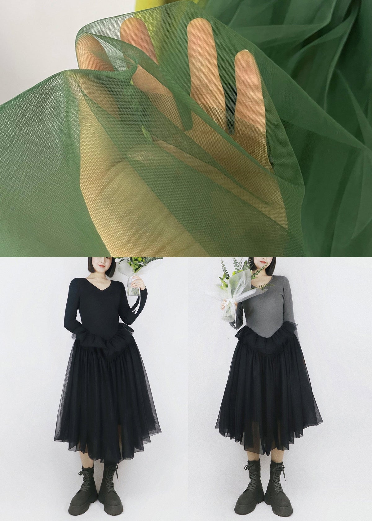 V-Neck Long Sleeve Knit Tulle Handkerchief Hem Midi Dress - View 5