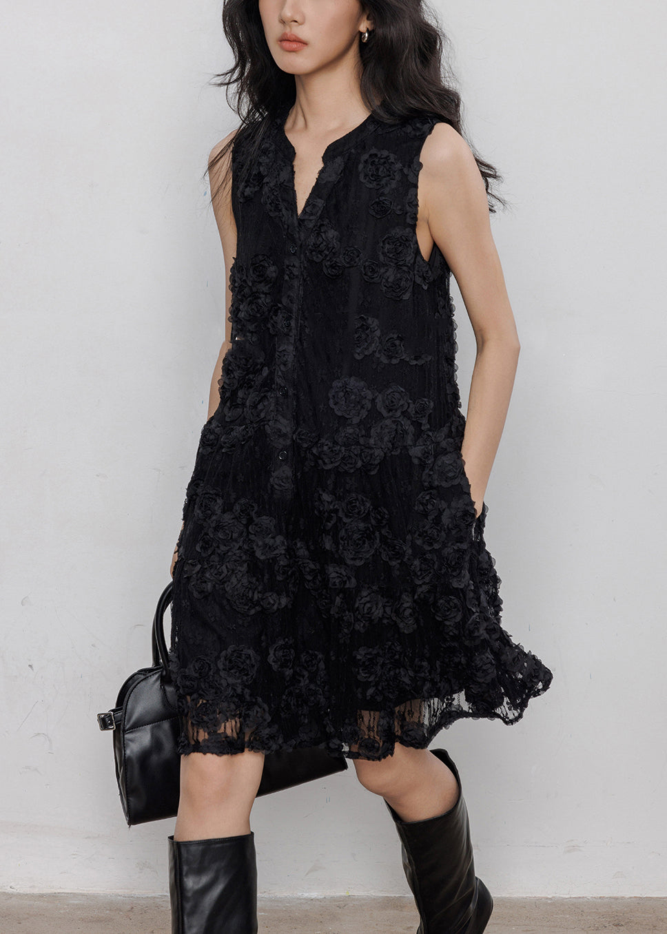 3D Floral Applique Button Front Pocket Lace Mini Dress