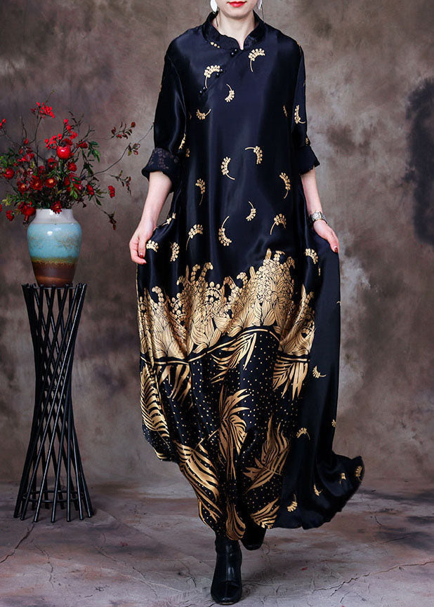 Floral Print Mandarin Collar Long Sleeve Satin Maxi Gown - View 2