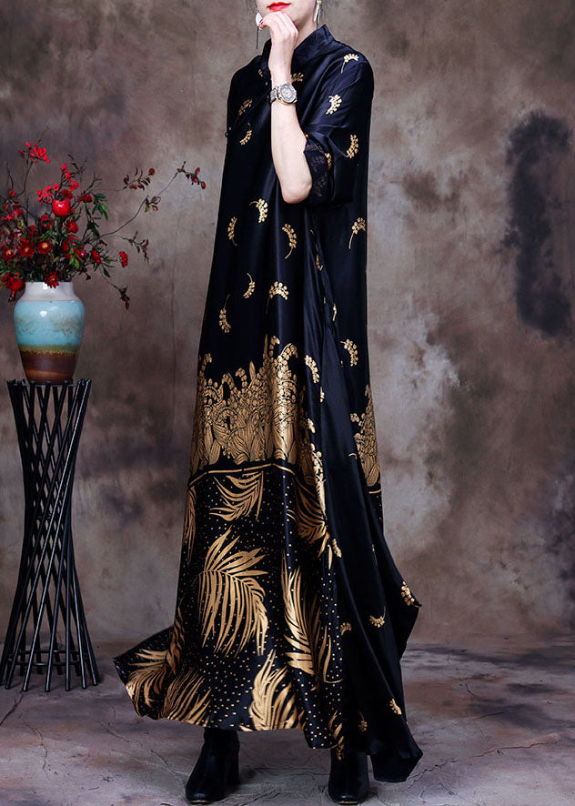 Floral Print Mandarin Collar Long Sleeve Satin Maxi Gown - View 3